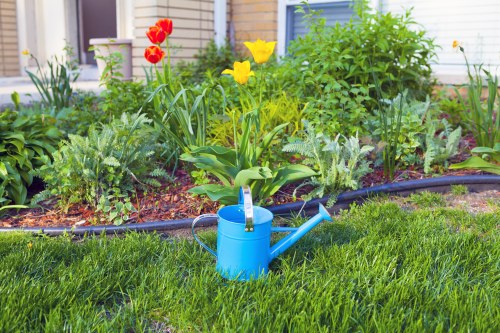 Romford landscaping with neat lawn, pathways, and shrubs