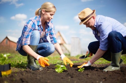 Gardener using protective equipment while carrying out routine outdoor maintenance